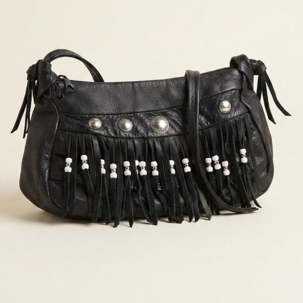 Black Leather Fringe‎ Crossbody Bag Western Concho Beaded Tassel Boho Bag Mexico